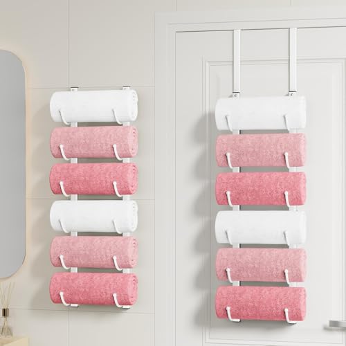 HapiRm Rolled Towel Racks for Bathroom - 6-Tier Over The Door & Wall Mounted Bathroom Towel Storage, Hanging Metal Organizer for Towels & Bath Sheets, Space Saving Rack for Bathroom, Camper, RV, White by HapiRm - Used condition - US$17.37