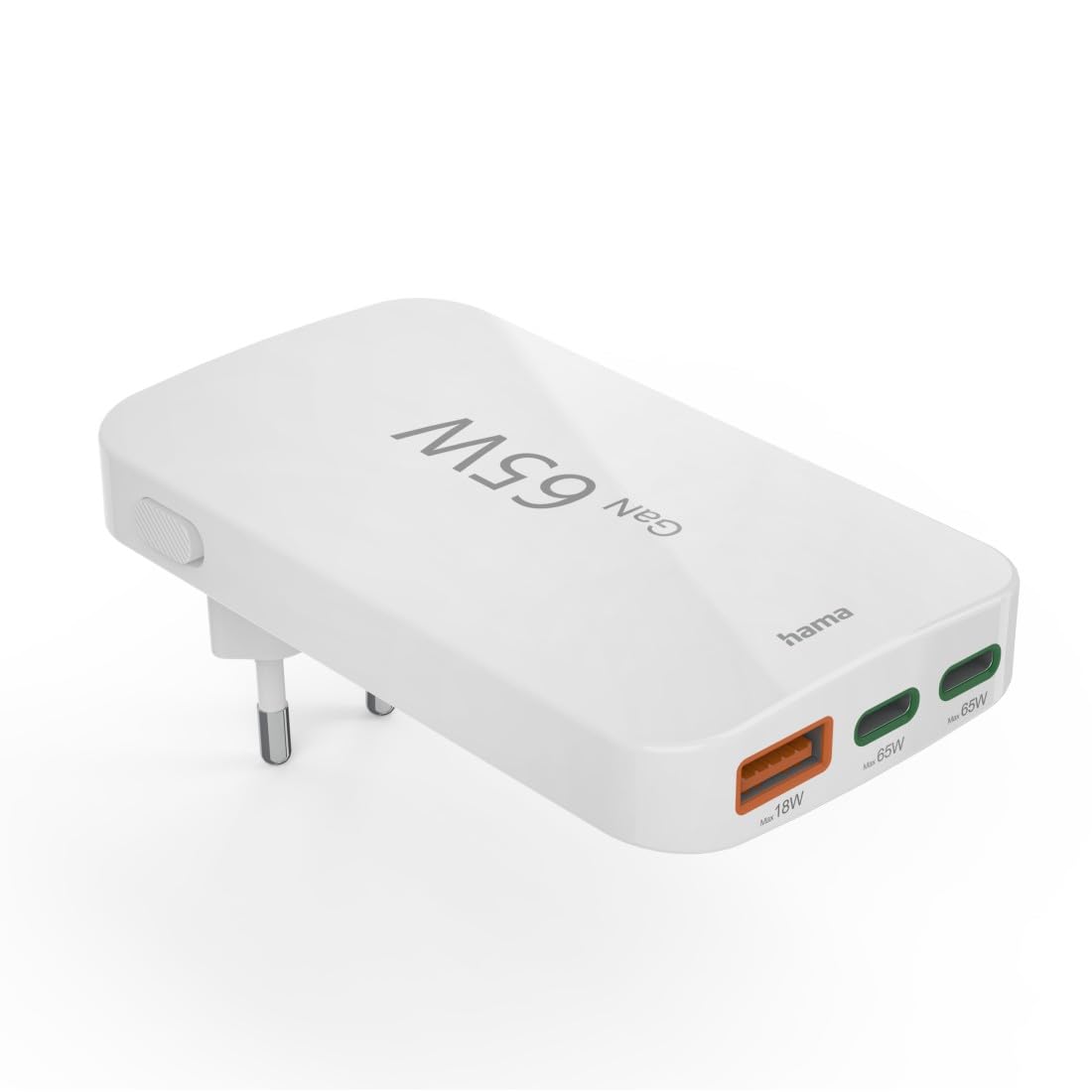 Hama Chargeur Rapide USB-C 65W GaN 3 Ports, sur Secteur, 2X USB-C 65W, 1x USB-A 18W, Mini-Chargeur PD Ultra Plat, Compact et Pliable, Qualcomm Quick Charge, pour PC, Smartphone, Tablette, Blanc
