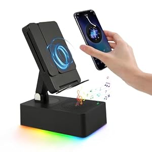 Wireless Induction Bluetooth Speaker, 5-in-1 Foldable Phone Holder, 1500mAh Emergency Charging, Colorful LED Ambient Light, Tech Gadgets Gifts for Men Women, for iPhone Android Tablet, Black