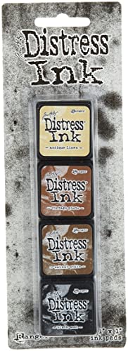 Ranger Tholtz Ink Pad Set 3 Tim Holtz Distress Mini Inkset, Four 1X1 Inch, Antique Linen, Vintage Photo, Walnut Stain, And Black Soot, 4 Count #TOP25