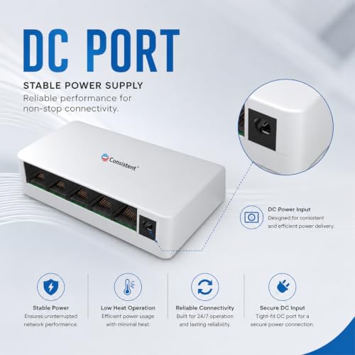 Image of Consistent 5-Port Gigabit Desktop Ethernet Switch (CT-DS-05PG) - 10 /100 /1000Mbps High-Speed Network Switch, Plug-and-Play, Sturdy Metal Casing for Home & Office Connectivity