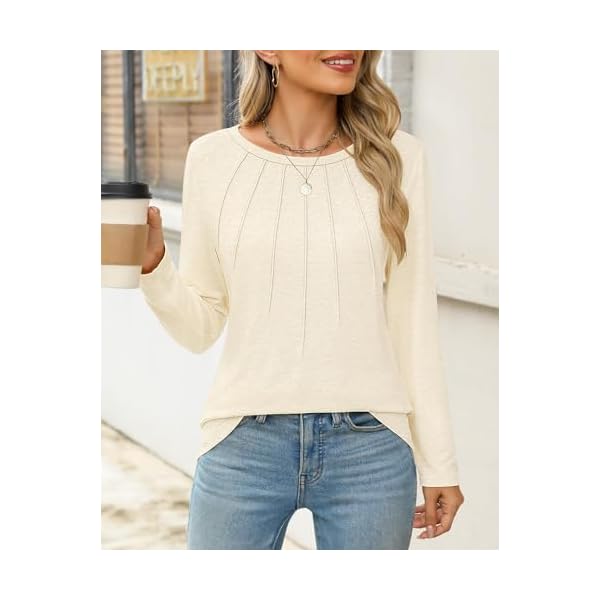 Womens Long Sleeve Shirts Pleated Fashion Crew Neck Casual Tops Blouses Basic Tee Trendy Clothes 2025 - Image 3
