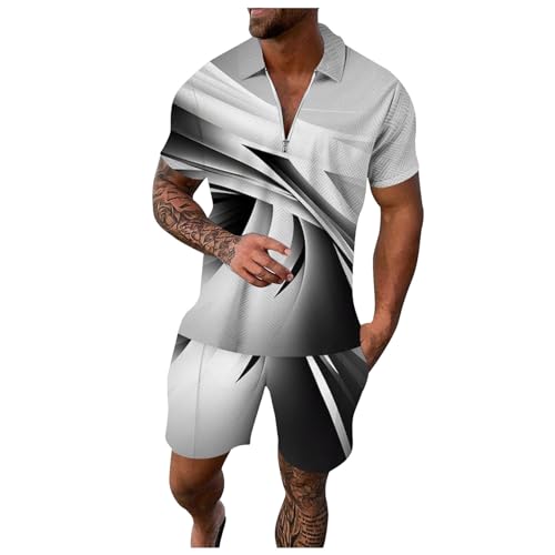 Ensemble manches courtes hommes avec short à poches et haut zippé rayé
