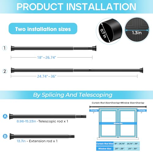 Image of Spring Tension Curtain Rod 18-36 inch, Adjustable Expandable Tension Curtain Rod No Drilling, Tension rods for Window Doorway Kitchen Curtain, Black