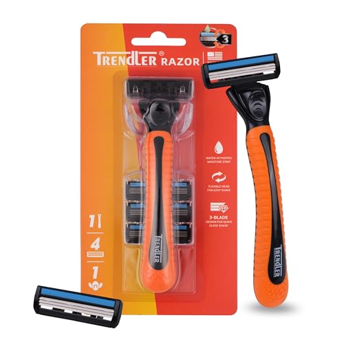 Image of 3 BLADE Razor Set with Hanging Stand | Razor for Men | 4 Cartridges, 1 Handle, Protective Cap | 3-Blade Shaver | Water-Activated Moisture Strip | Smooth Shave Kit (4 Cartridges)