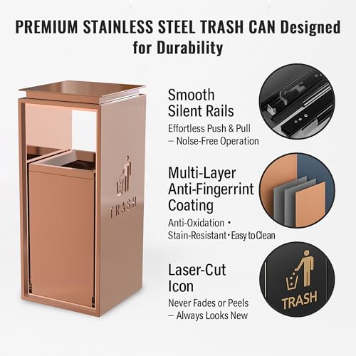 Image of Outdoor Trash Can with Lid, 51L /13.5 Gal-Lockable Commercial Trash Can with Nature Stone Panels, Heavy-Duty Rustproof Metal Garbage Can with Removable Liner for Parks & Public Spaces (Gold, flat)