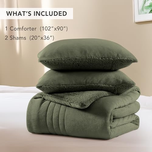 Monbix Fluffy King Comforter Set – 3 Piece Cozy Sherpa Comforter King Size Olive Green, Winter Warm Fleece Bedding Set thumb #5
