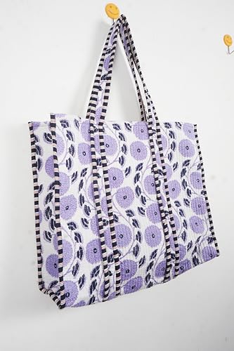 Image of Quilted Cotton Handprinted Reversible Large multicolor Floral Tote Bag,Hand Block Print Shopping Shoulder Carry Bag