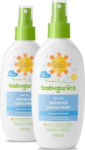 Image of Babyganics SPF 50 Baby Sunscreen Spray | UVA UVB Protection | Octinoxate & Oxybenzone Free | Water Resistant, Unscented, 6 Fl Oz (Pack of 2)