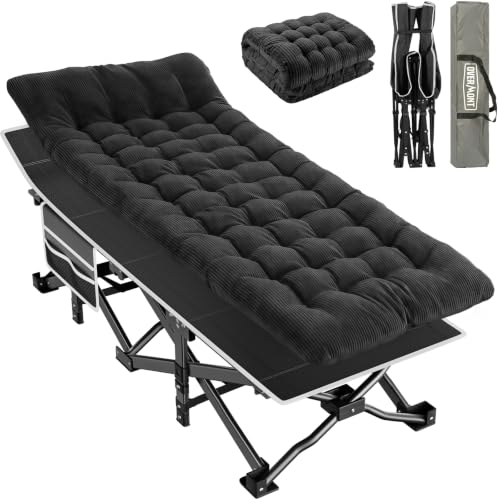 OVERMONT Cama de Camping Plegable con Colchón - Cama Plegable 190 x 71 x 36 cm - Soporta 250 kg - Tela Oxford 2400D con Bolsillo Lateral - Bolsa de Transporte para Camping Jardín Oficina - Azul/Negro