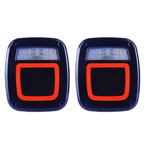 Smoked Halo Tail Lights Square Rear Combination Tail Lights Lamps Assembly Replacement for 1976-2006 Wrangler YJ CJ5 CJ7 with Passenger and Driver Side Marker Stop Turn Signal Brake Lights, 2Pcs