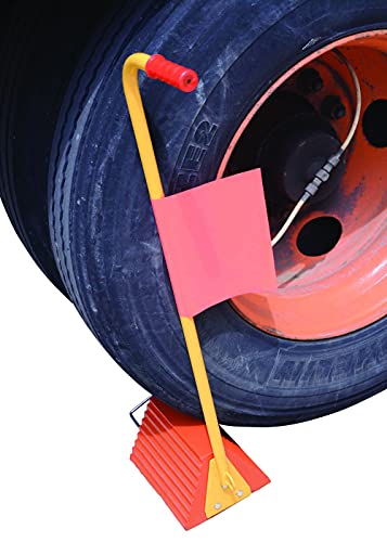 Image of Vestil ORWC-8-ERGO-FL Molded Rubber Wheel Chock with Handle and Flag 8 in. Orange /Yellow