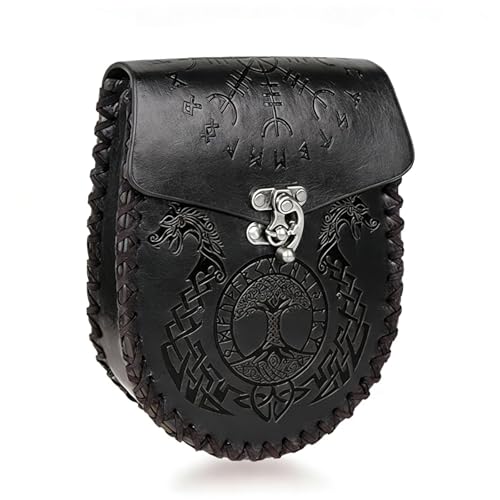 Image of Leather Belt Pouch Medieval Vintage Renaissance Viking LARP Cosplay Costumes Drawstring Coin Purse Phone Holder Waist Bag (Z-Dragon-Black)