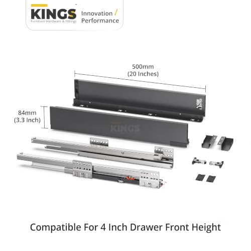Image of Kings Soft Close Tandem Box Drawer System for Modular Kitchen | Load Capacity Upto 45 Kg | Galvanised Steel, Full Extension Slides- 500mm Length x 84mm Height (4 Inch), Iron Grey- 5 Year Warranty