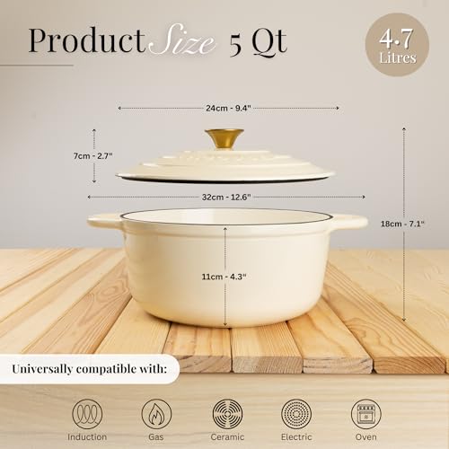 Image of Cast Iron Pot with Lid-Non-Stick Ovenproof Enamelled Casserole Pot, Oven Safe up to 500 F-Sturdy Dutch Oven Cookware - Cream, 5-Quart, 24cm-by Nuovva