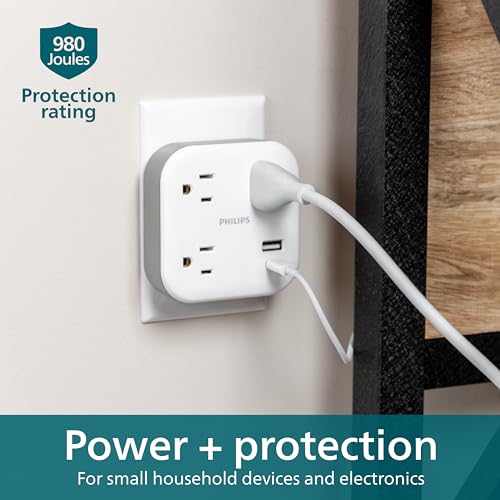 Philips Surge Protector Outlet Extender with USB Ports, 2 Pack, 3 Prong | 3 Outlet Wide-Spaced, 1 USB-C, 1 USB-A, 980 Joules, Multi Plug Wall Splitter, Power Tap, Electrical Expander, Adapter - image 5