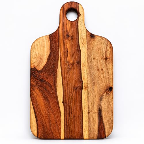 Image of Handcrafted Wooden Chopping Board for Kitchen | Cutting Board & Serving Platter | Food Safe Wooden Board for Vegetables, Fruits, Cheese & Bread | Multiple Designs (Paddle Handle, Sheesham Wood)