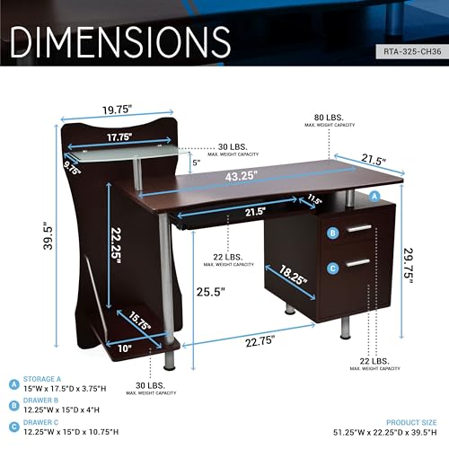 [Prime] 51" Techni Mobili Computer Desk w/ File Cabinet & Printer Shelf (Brown) - image 3