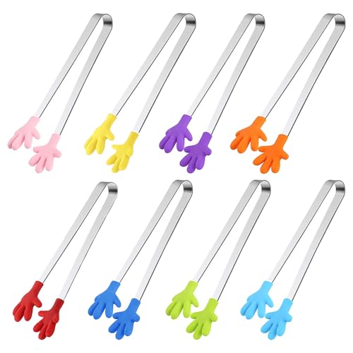 TRKETK 8 Pièces Minis Pince Alimentaire, Mini Pinces en Silicone en Forme de Main Multifonctions Coloré Petite Pince à Sucre Pince à Nourriture en Acier...