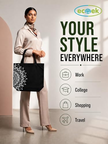 Image of Canvas Tote Bag for Women with Zipper & Pocket(Pack of 1) | Stylish Cotton Handbags for College | Aesthetic Tote Bag for Office, Shopping, Travel, Beach & Daily use