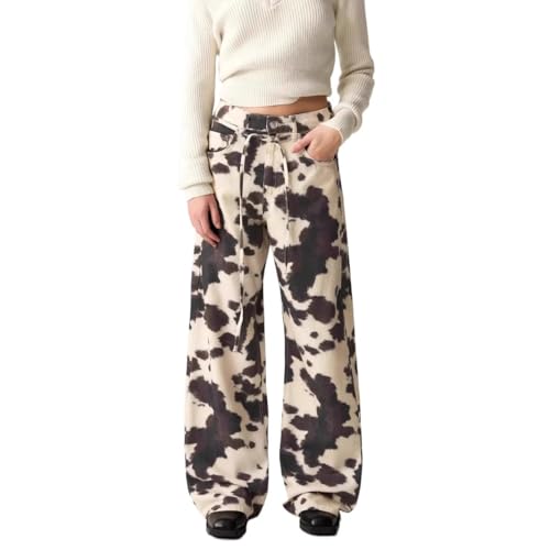 heyheyshine Cow Print Pants for Men Women Wide Leg Jeans Y2K Straps with Drawstring Streetwear Baggy Trouser with Pockets