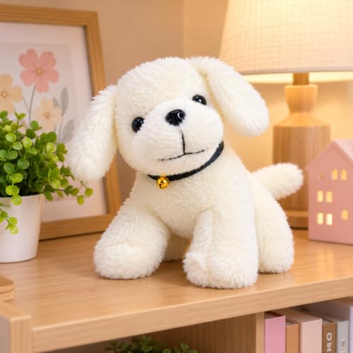 Image of ADORA White Puppy Soft Toy with Black Collar and Golden Bell, Cute Fluffy Stuffed Dog Plush for Kids, Cuddly Animal Toy for Birthday Gifts, Nursery Decor and Playtime