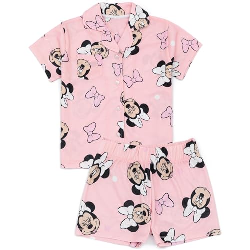 Disney Minnie Mouse Pajamas Set | Girls Pink Loungewear Shirt & Shorts Complete PJ Bundle | Bow All Over Print Button-Up PJs