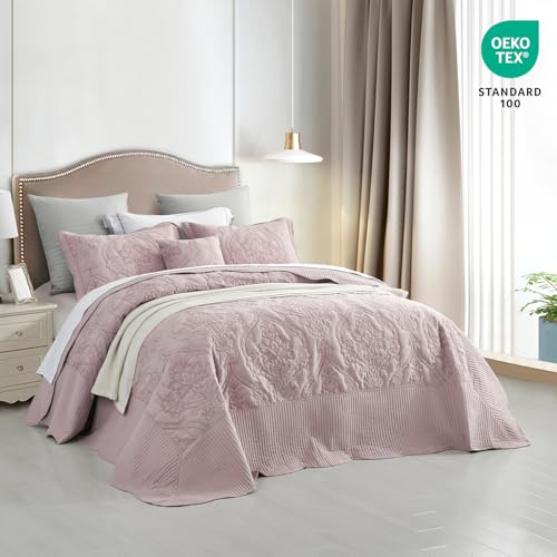 Image of CHIXIN Bedspread Coverlet Quilt Set Full Size - Lightweight Bedding Cover - Beautiful Stitching - 5 Piece Reversible Bedspread - Gorgeous Damask Paisley Pattern (Full, Pale Rose)