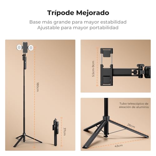 K&F CONCEPT Palo Selfie 180CM, Trípode de Seguimiento AI 360°, Despliegue Automático y Plegado Rápido, 2 Anillos de Luz, Control por Gestos, Control Remoto Bluetooth, 7 en 1 para Video/Vlog/Live - imagen 6
