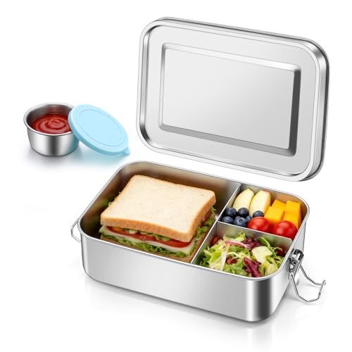 Onader Lunch Box 1400ML Stainless Steel Bento Lunchbox with Sauce Pot and 1pc Removable Compartment Leak-Proof Salad Food Storage Container for Kids & Adults Sturdy & Dishwasher Safe