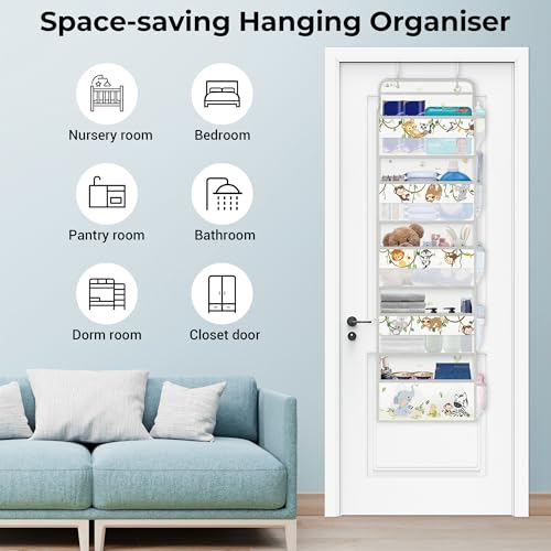 Clastyle Grey Animal Over the Door Organizer with 5 Pockets Elephant Monkey Nursery Hanging Storage Organizer for Kids Clothes Diaper Toy Closet Door Hanging Shelf Storage for Bedroom Bathroom Pantry - Image 4