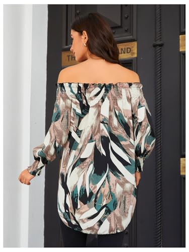OYOANGLE Women's Off Shoulder High Low Tunic Tops Allover Print Long Puff Sleeve Blouse2