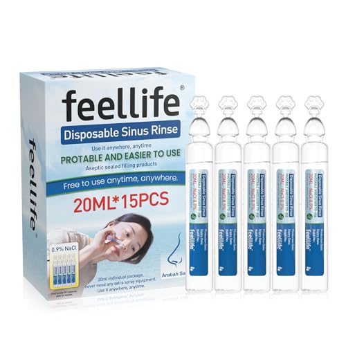 Feellife Lavado Nasal Monodosis Estéril-15 viales de 20ml (solución salina al 0,9%),Suero Fisiologico Monodosis para irrigación nasal para Niños y Adultos,listo para usar sin irrigador