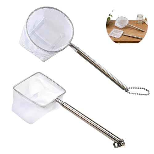 Lot de 2 Épuisette Aquarium Télescopique, Filet Aquarium Mailles Fines Carré et Rond, Manche Extensible en Acier Inoxydable pour Poisson Aquarium, Crevettes...