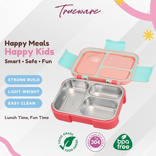 Image of Trueware Galaxy 3 304 Stainless Steel PU Insulated Lunch Box with Three Compartment BPA Free, Food Grade Ideal for School, Picnic, Office & Outdoor - 520ml