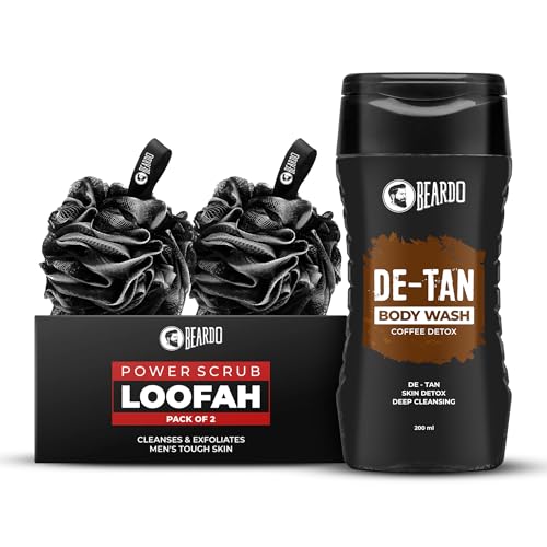 Beardo DeTan Body Wash & Power Scrub Loofah | Deep Cleansing, Tan Removal & Exfoliating Body Wash for Men | Perfect for Oily & Acne-Prone Skin | Ultimate Grooming Kit for Men- Set of 2