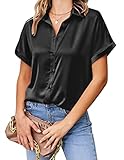 Chigant Silk Button Down Shirts for Women Short Sleeve V-Neck Dressy Summer Top Satin Blouse Black Medium