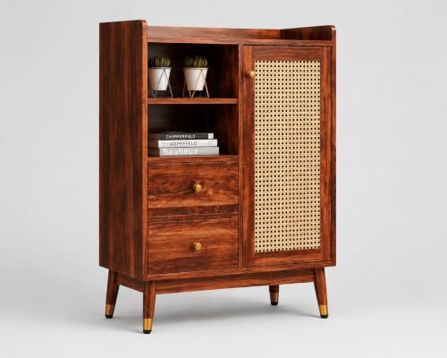 Image of Space Galaxy Solid Sheesham Wood Chest of Drawer with Cane Rattan Front | 2 Drawer Wooden Cupboard & Open Shelf Organizer | Tall Storage Furniture for Bedroom, Living Room & Home | Honey Oak Finish