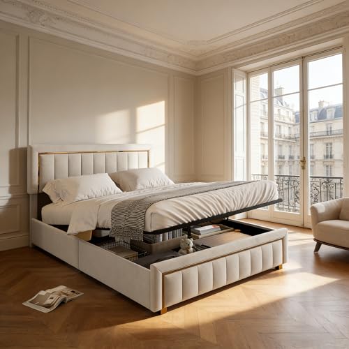 Lit Coffre 160x200 Beige Velours avec Sommier Hydraulique, Lit Double Rembourré avec Grand Rangement, Lit 2 Personnes Moderne et Robuste, Tête de Lit...