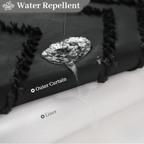 WONICY Extra Long No Hook Shower Curtain with Snap in Liner, Tufted Chevron Striped Shower Curtain Set for Bathroom, Boho Waterproof and Washable Shower Curtains,71Wx86H, Black by WONICY - Image 5