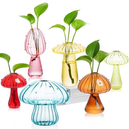 Plant Propagation Station Set of 6 Colored Mushroom Vase Propagation Stations Small Plant Terrarium Unique Crystal Mushroom Jars for Plants for Hydroponics Home Garden Office Decoration (Colorful)