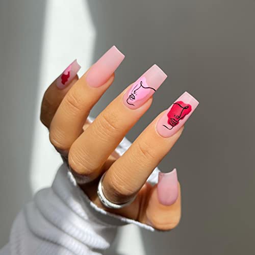KXAMELIE Pink Press on Nails Face Line Graffiti Full Cover Glue on Nails with Glue Sticker Matte Fake Nails Medium Lengt