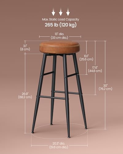 Image of VASAGLE EKHO Collection - Bar Stools Set of 2, Kitchen Counter Stools, Breakfast Stools, Synthetic Leather with Stitching, Mid-Century Modern, 30-Inch Tall, Home Bar, Caramel Brown ULBC090K01V1 | Breakfast Stools, PU Leather with Stitching, Mid-Century Modern, Home Bar, Caramel Brown, EKHO Collection ULBC090K01