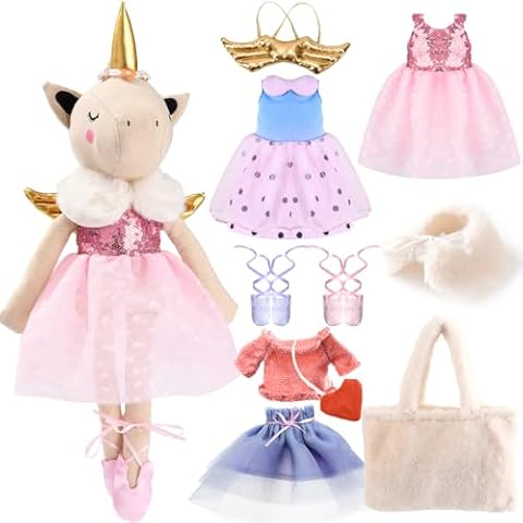 Toylink Ballerina Unicorn Doll Stuffed Animal Toys for Girls - Plush Bag | 3 Set Cloth Accessories | Ballet Shoes, Kids Pretend Play Doll Pet Care, Christmas Birthday Gift for 3 4 5 6 Year Old Girls Cover