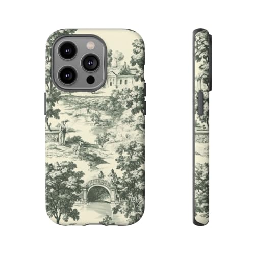 Coque iPhone 14 Pro verte au motif champêtre d'époque effet mat haut de gamme