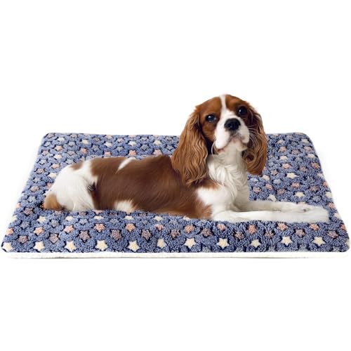 Mora Pets Dog Bed Crate Pad Ultra Soft Pet Bed with Cute Star Print Washable Crate Mat for Large Medium Small Dogs Reversible Fleece Dog Crate Kennel Mat Cat Bed Liner 23 x 18 inch Dark Blue