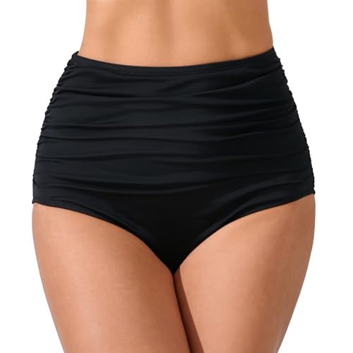Women’s High Waisted Full Ruched Bikini Swimsuit Bottoms Tummy Control Full Coverage Bathing Suit Bottoms