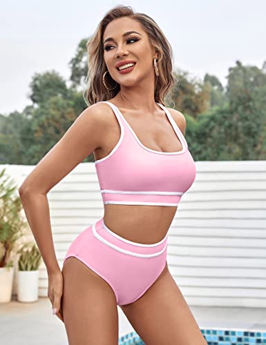 Image of BMJL Women's High Waisted Bikini Sets Sporty Two Piece Swimsuits Color Block Tummy Control Modest Bathing Suit