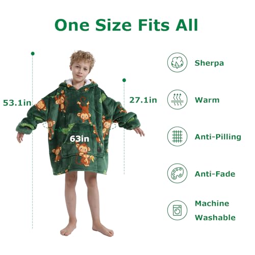 THREE POODLE Wearable Blanket Hoodie for Kids, Oversized Sherpa Sweatshirt Blanket with Giant Hood, Warm Cozy Hooded Blanket, Cute Gifts for Kids Girls Boys