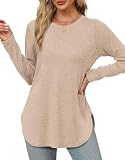 XIEERDUO Tunic Tops to Wear With Leggings Long Sleeve Shirts for Women 2025 Round Neck Fall Clothes Beige S